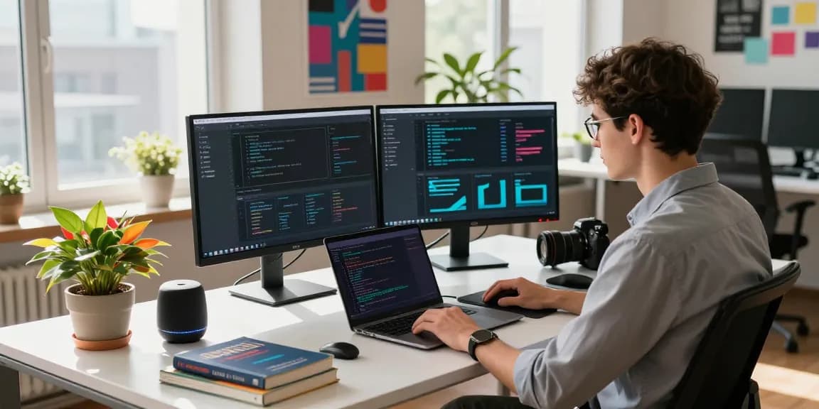 Engaging workspace for WhatsApp下載 software development, showcasing dual monitors, high-tech gadgets, and a modern office vibe.