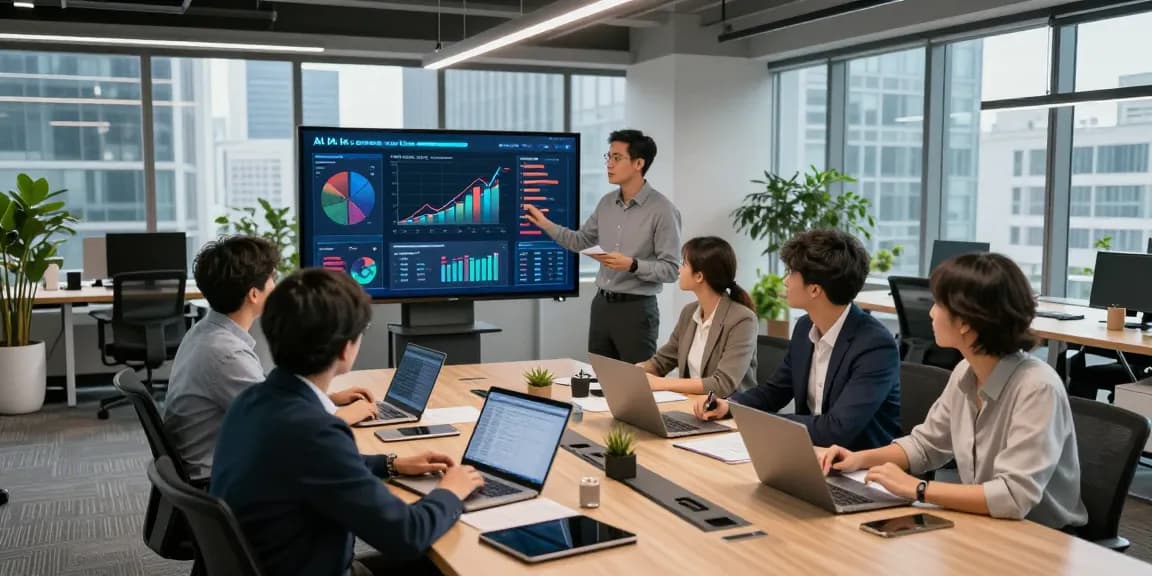 Diverse team collaborating on AI for business strategies in a modern conference room, showcasing innovative tech solutions.