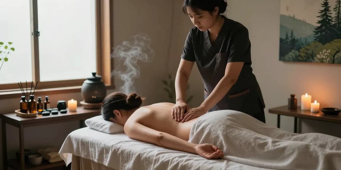 Client receiving 출장안마 in a calming therapy room with essential oils and soft lighting.