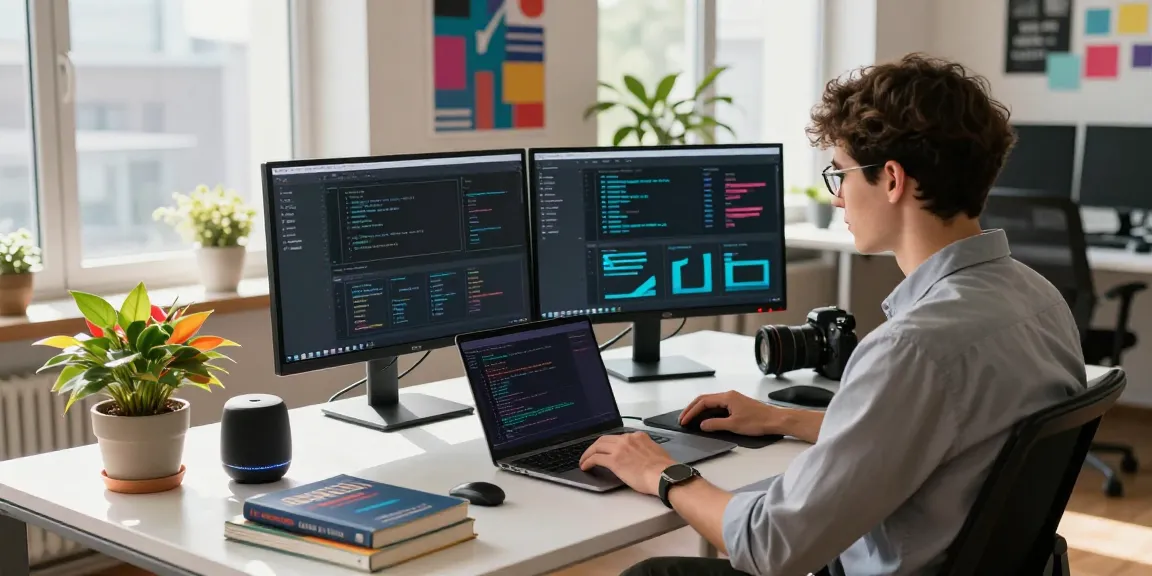 Engaging workspace for WhatsApp下載 software development, showcasing dual monitors, high-tech gadgets, and a modern office vibe.