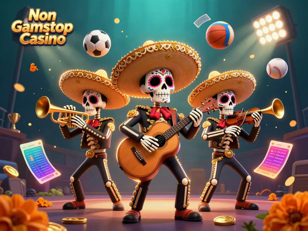 Experience the vibrant ambiance of Non Gamstop Casino featuring a colorful mariachi band amidst exciting gaming elements.