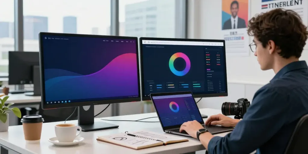 Strategist analyzing instant indexing metrics in a modern office