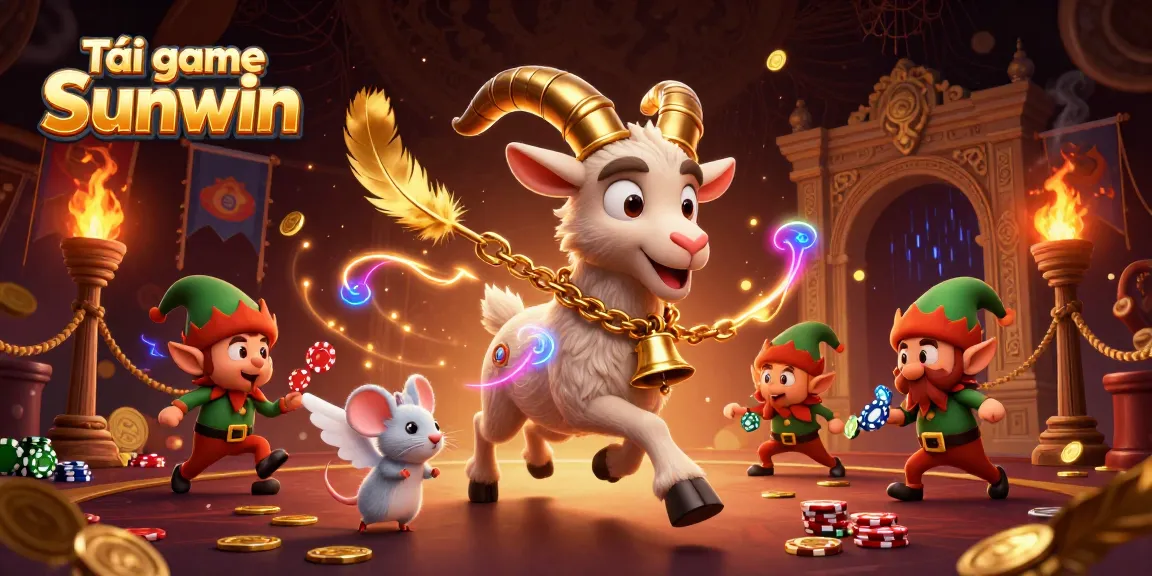 Tải game Sunwin in a festive, horror-themed casino scene featuring a cartoon Krampus goat, angel mouse, and gremlins.