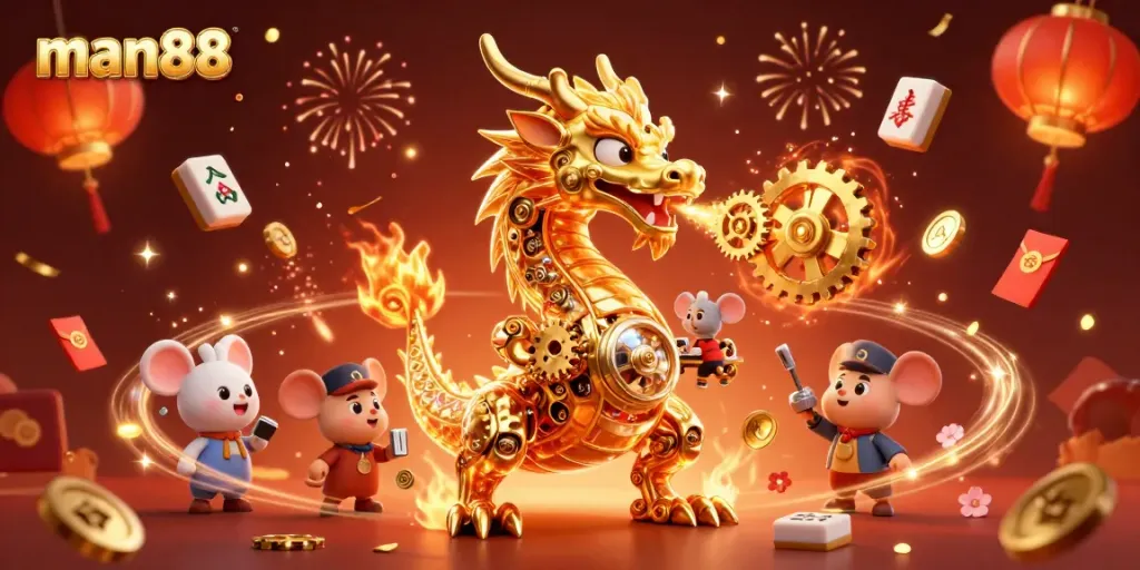 Experience the excitement at man88 with a stunning biomechanical dragon and vibrant casino elements.