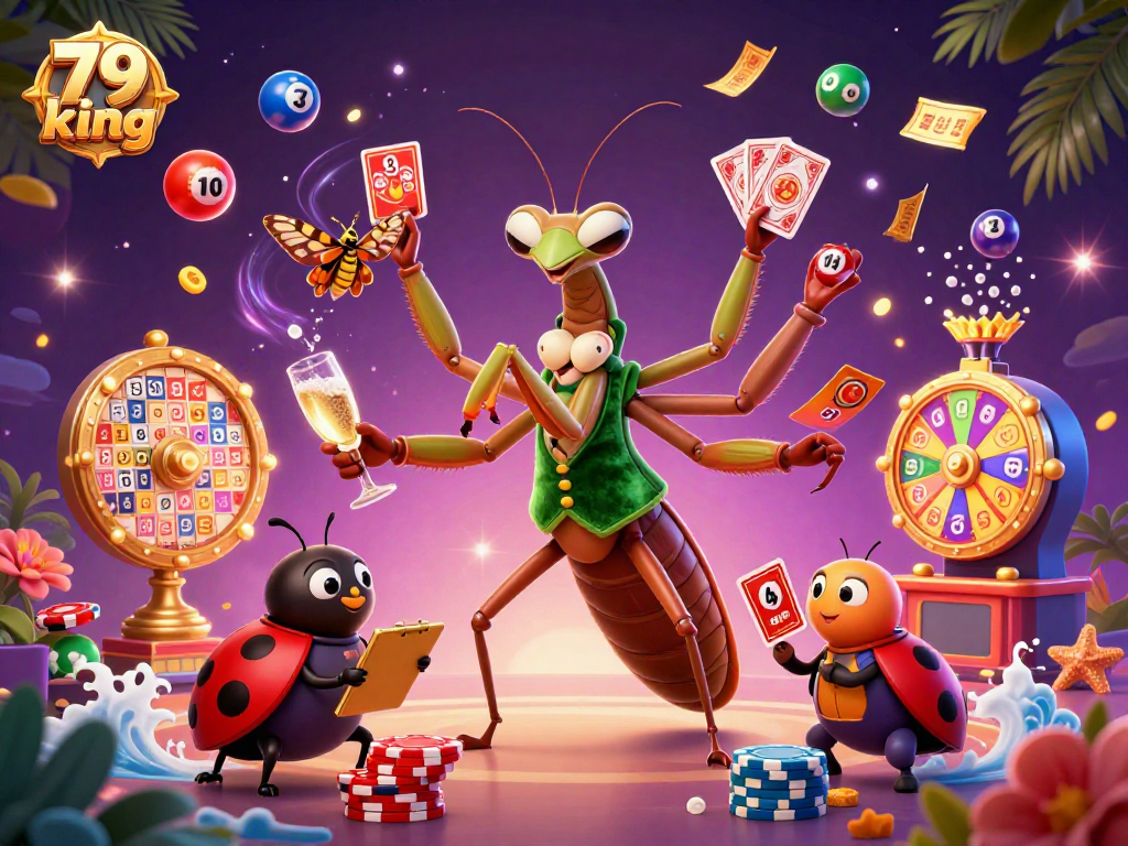 79 king illustrates a dynamic casino scene with a giant mantis dealer and vibrant game elements.