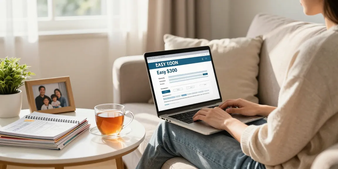 Applying for an easy $300 loan in a cozy living room with budgeting tools and warm lighting.