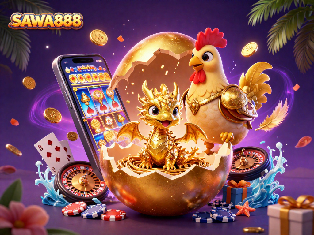 Spin vibrant slot games with SAWA888 as golden dragon treasures burst from poker chip nest.