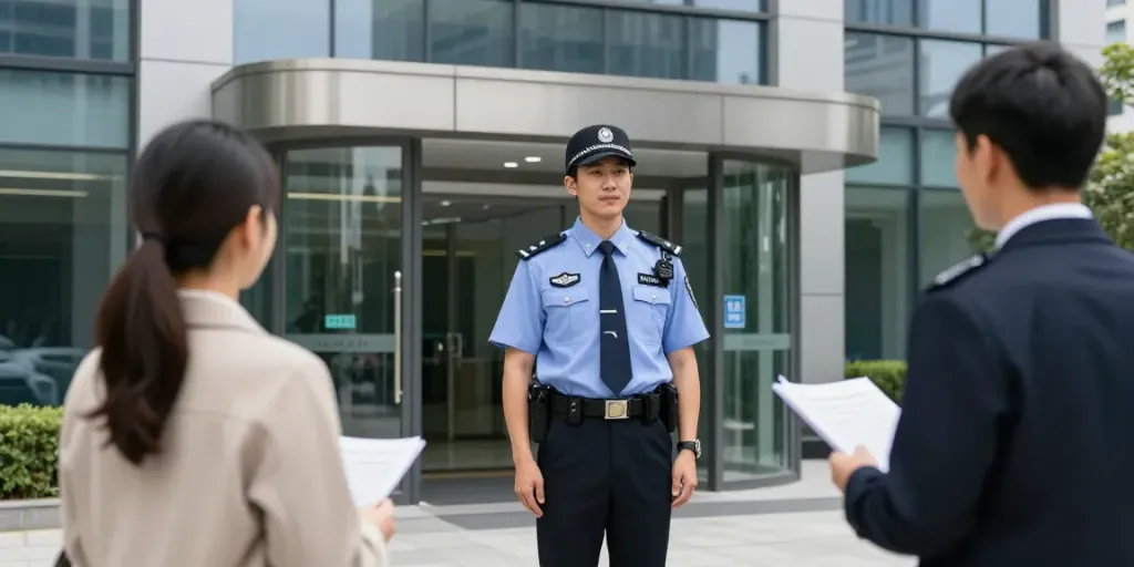 Security Guard welcoming visitors at a nearby business entrance.