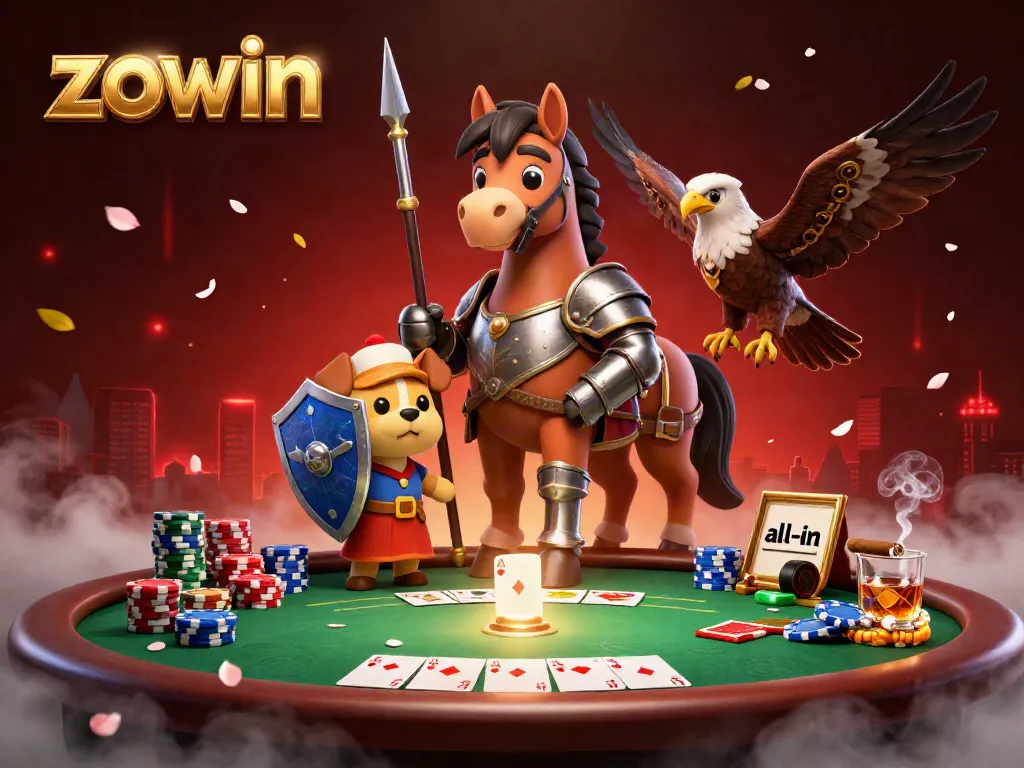 Zowin-themed casino illustration of a knight, puppy, and falcon engaging in a vibrant poker scene.