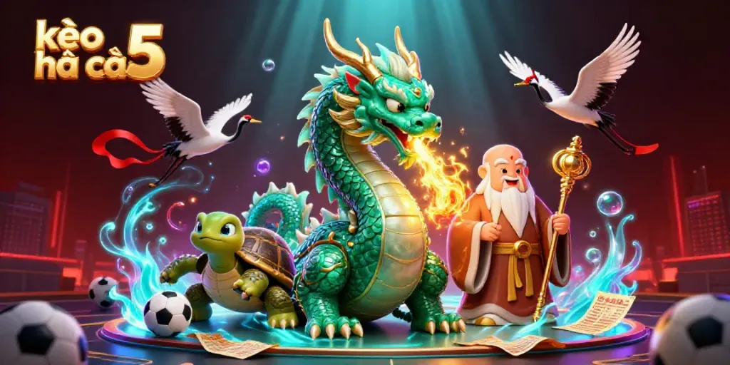 Engage with kèo nhà cái 5 through a dynamic 3D scene adorned with luck symbols and vibrant sports betting elements.