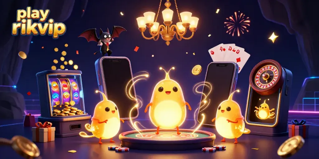 Experience the thrill of play rikvip with vibrant glowworms lighting up a casino scene filled with games.