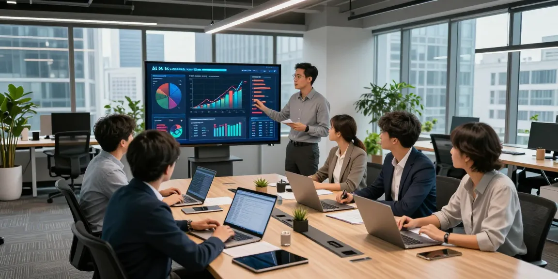 Diverse team collaborating on AI for business strategies in a modern conference room, showcasing innovative tech solutions.