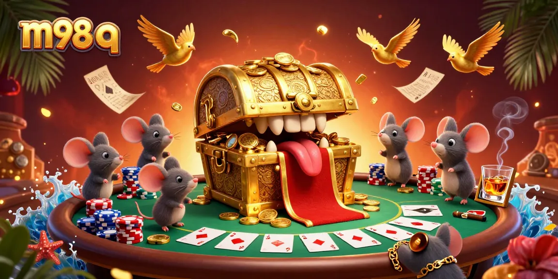 Join the excitement in m98 q casino illustration with adventurous characters competing for riches.