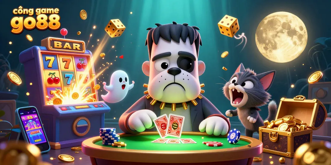 Engage with cổng game go88 at a whimsical casino table featuring a monster dealer in a vibrant scene.