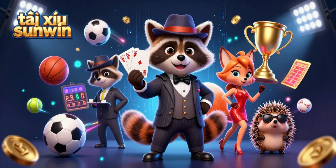 Engage in tài xỉu sunwin for thrilling wins, featuring a raccoon in a suit, fox companion, and dynamic sports elements.