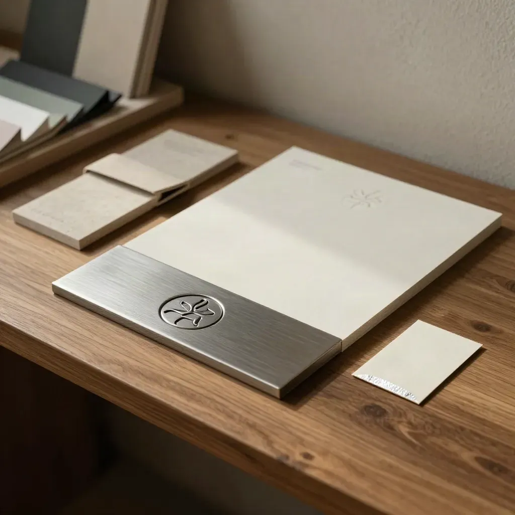 Pressed-metal emblem with embossed stationery, box sleeve and foil sample in warm studio light.