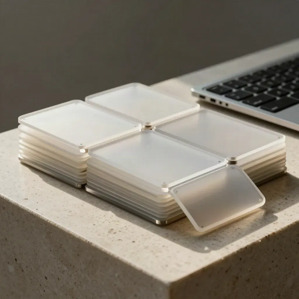 Frosted acrylic website layout cards and a turned-away keyboard on travertine, mid-rearrangement