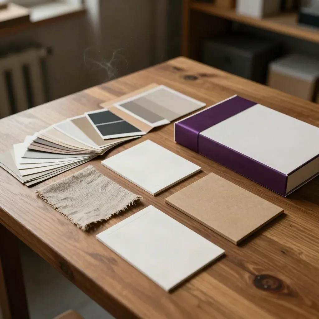 Top-down brand identity toolkit with swatch fans, textured wraps, embossed cards, and a sealed box.