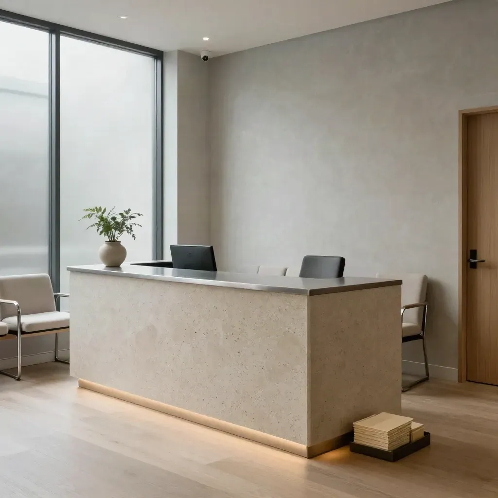 Quiet Manchester clinic reception with stone desk, aligned seating and a single plant in soft daylight.