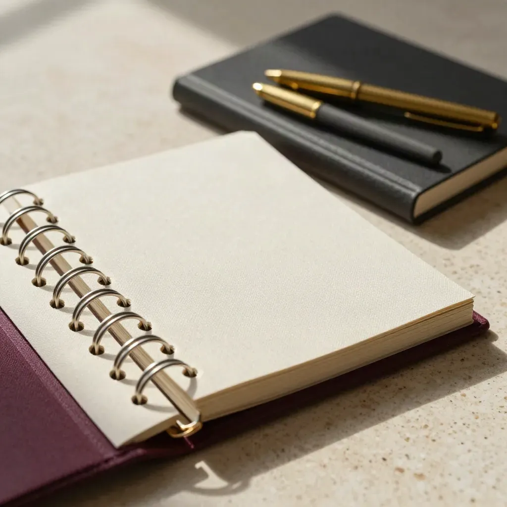 Macro of ring-bound notebooks, brass divider tokens and index markers on travertine.
