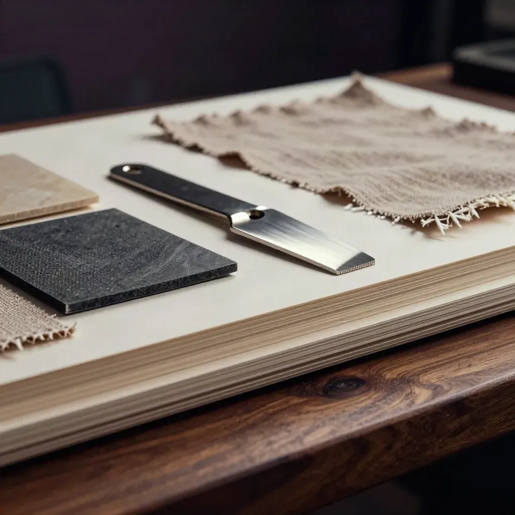 Material board with paper edges, swatches, and craft blade on a walnut workbench in dramatic light
