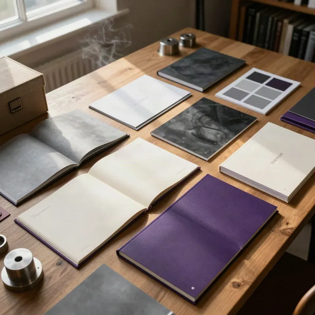 Overhead brand library with folios, swatches, mockups and stationery on warm oak