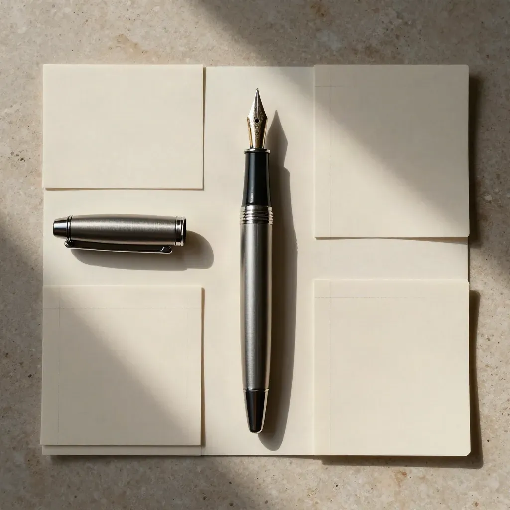 Overhead flatlay of pen, scissors, swatches and layout boards on a pale stone table.
