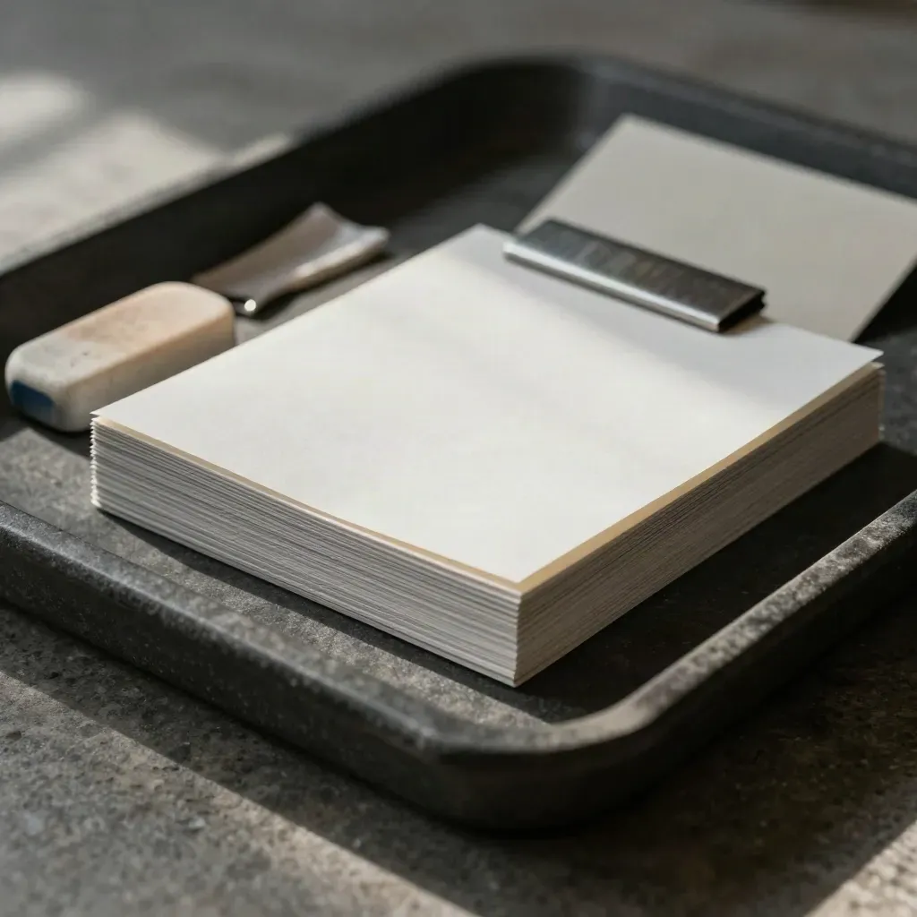 Face-down proof stack, eraser and steel clip in a stone tray with warm side light