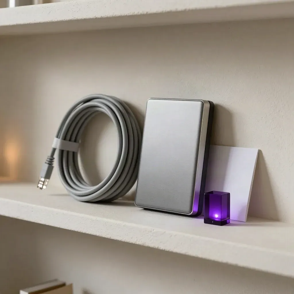 Ethernet coil, status-light cube, backup drive and folded note on a pale shelf.