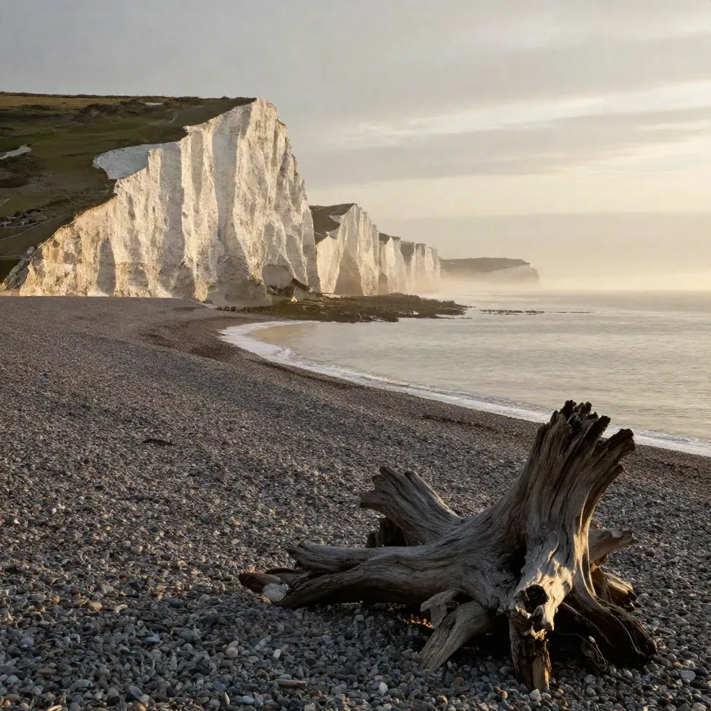 Sunlit chalk cliffs above a quiet shingle shore in sea mist at golden hour.