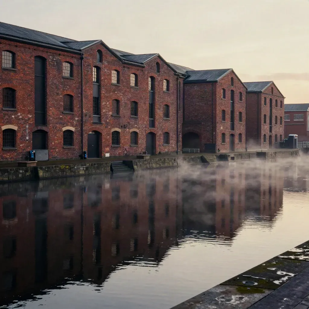Elevated dawn view of red-brick warehouses and a misty canal basin