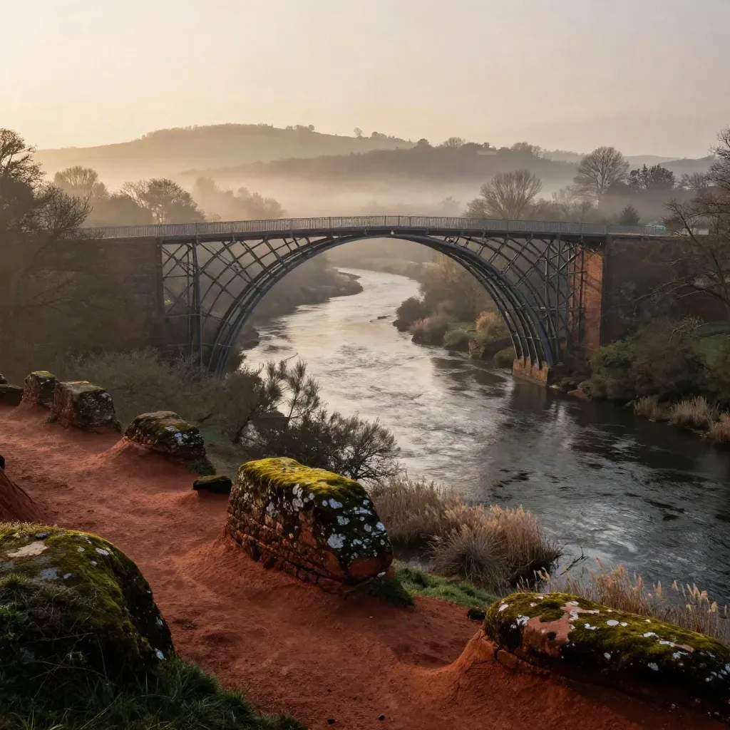 Sunrise over the Iron Bridge above a misty West Midlands gorge and silver river.