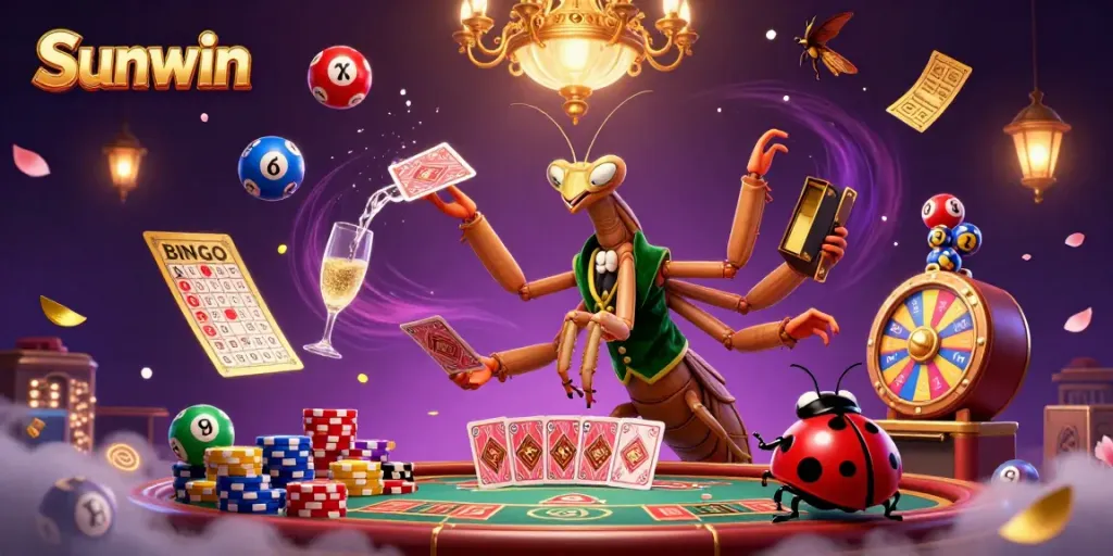 Sunwin casino illustration featuring vibrant characters amidst dynamic game elements.