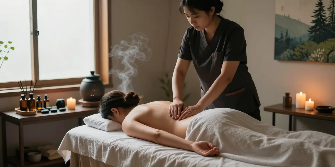 Client receiving 출장안마 in a calming therapy room with essential oils and soft lighting.