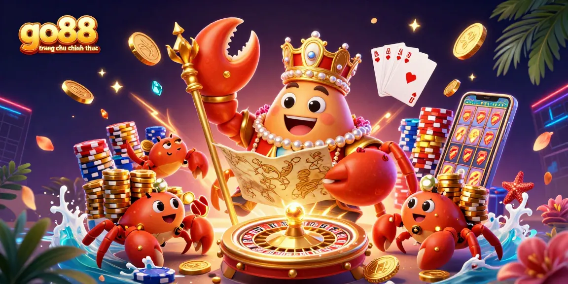 Engage with go88 trang chu chinh thuc through an exciting scene showcasing a golden crab emperor amid dynamic casino elements.