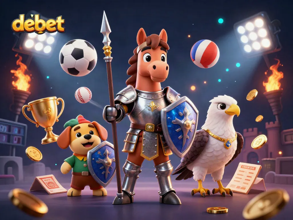 Engage in thrilling sports betting action with debet's immersive gaming experience featuring knights and trophies.