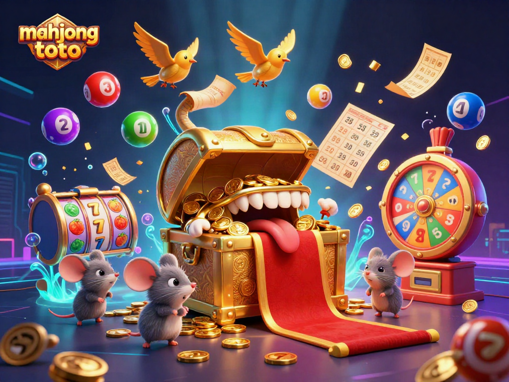 Play exciting mahjong toto gaming with vibrant elements like colorful lottery balls and treasure chests.