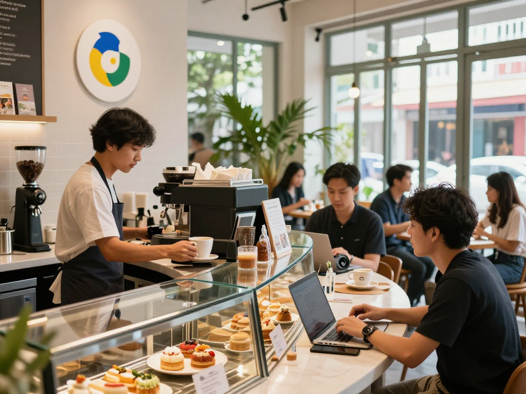 Increase trust and visibility with google reviews singapore in a busy café setting showcasing customer engagement.