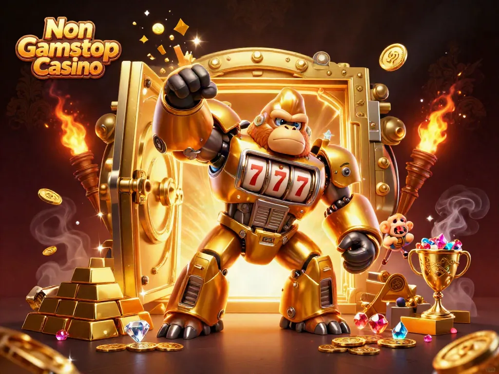 Engage with Non Gamstop Casino excitement featuring a golden gorilla mech among treasure vaults and riches.
