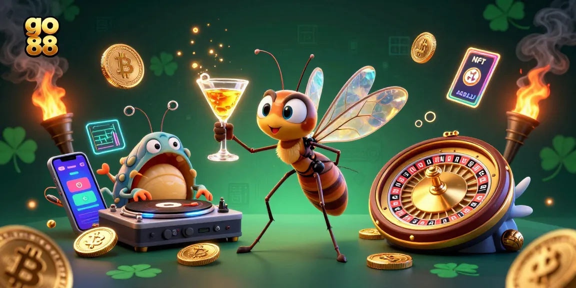 Play exciting games at Go 88 with dynamic scenes of casino fun featuring colorful characters and crypto elements.