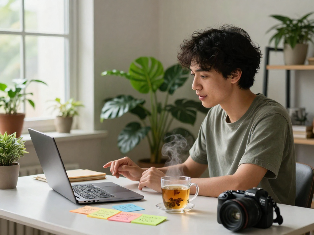 Dynamic sexchat interaction in a cozy home office with vibrant decor.