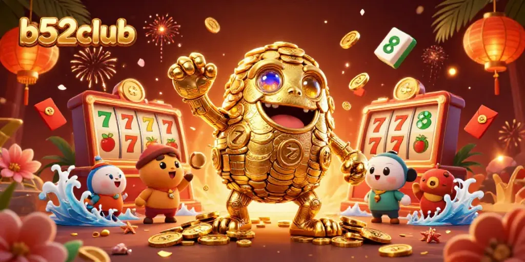 Engage in winning strategies at b52club with an immersive 3D golden golem and vibrant casino elements.