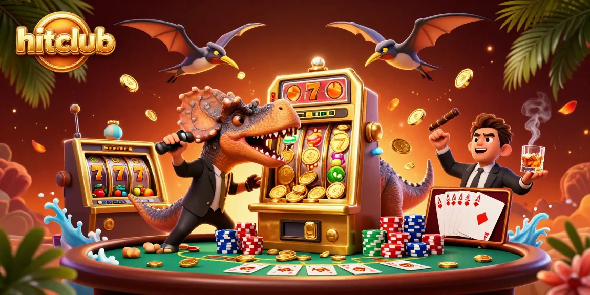 Hitclub showcases an exciting 3D scene where a dinosaur interacts with a slot machine amidst colorful gaming elements.