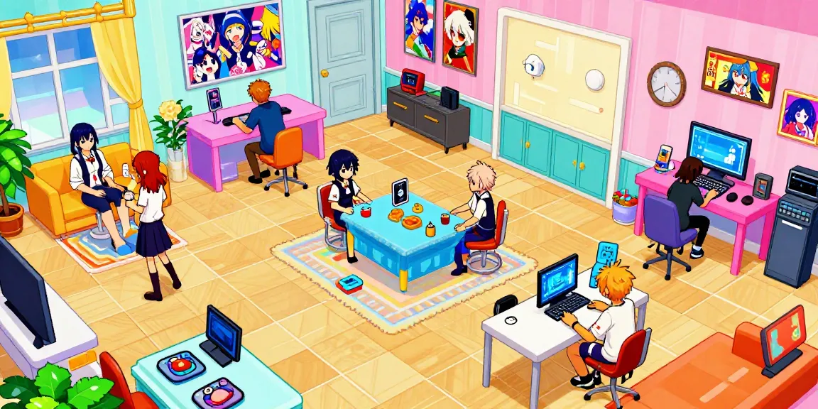 Interactive ecchigames scene featuring diverse characters in a vibrant virtual mansion.