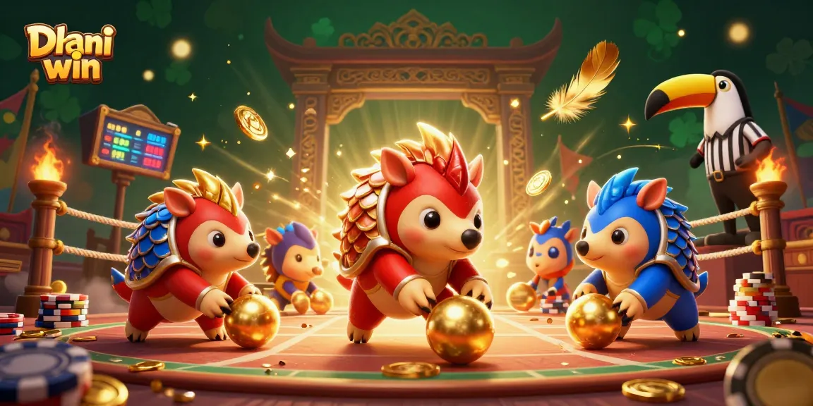 Dhani win showcases energetic pangolins competing in golden ball bowling amidst vibrant casino elements