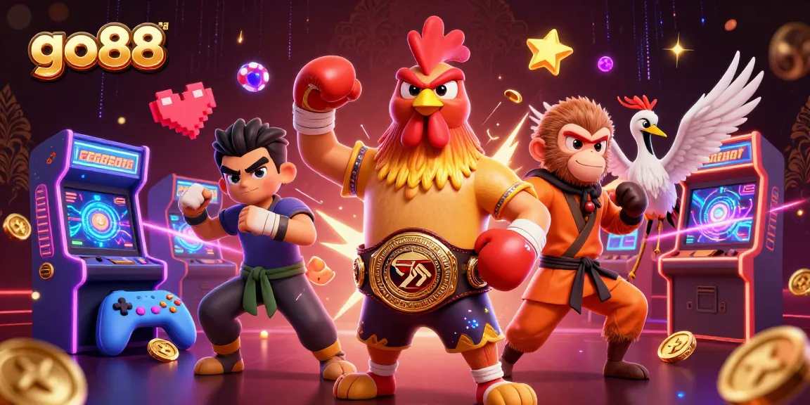 Experience exciting gaming at go88 with a vibrant scene featuring playful characters and arcade elements.