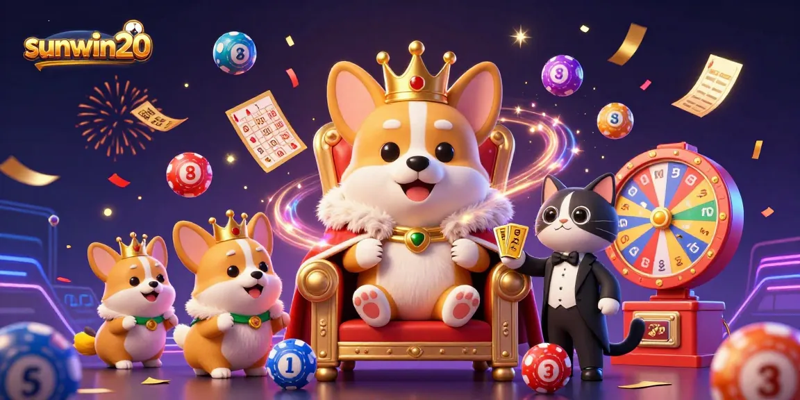 Experience the thrill of sunwin20 with an extravagant royal corgi gaming scene, showcasing vibrant casino elements.